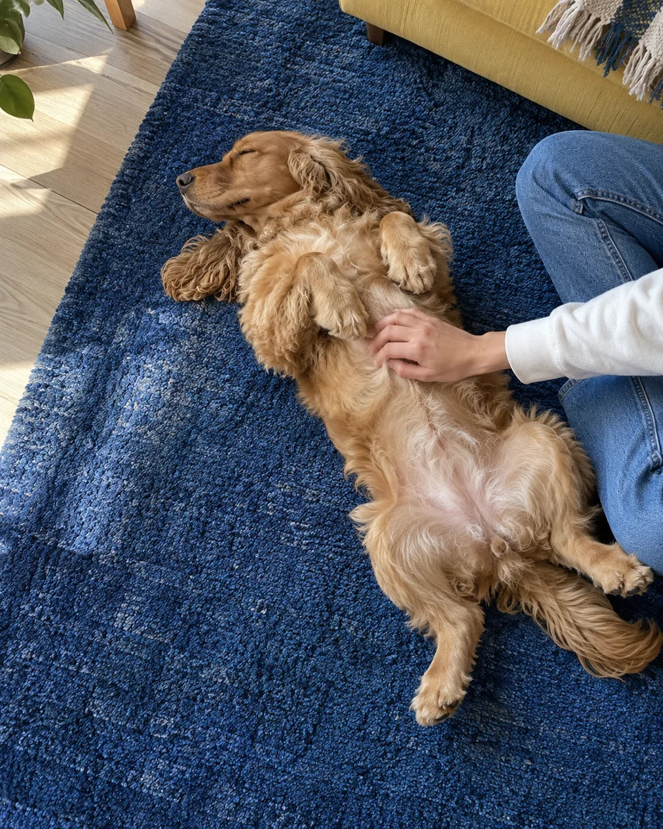 A golden spaniel lying on its back with eyes closed, enjoying a belly rub at home