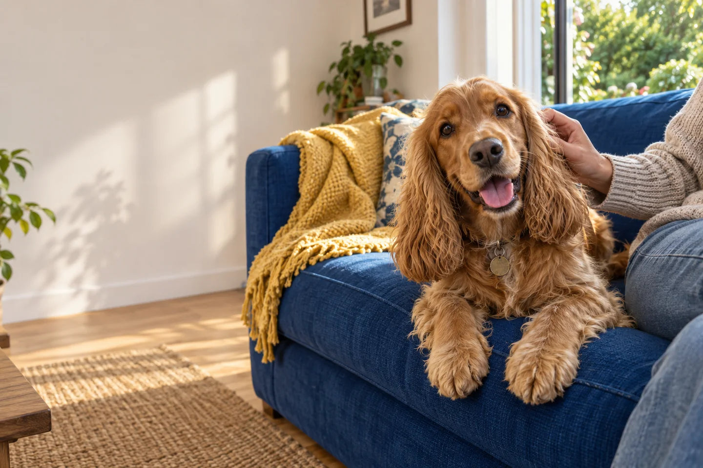 A happy golden cocker spaniel enjoying an ear scratch on a blue sofa at home