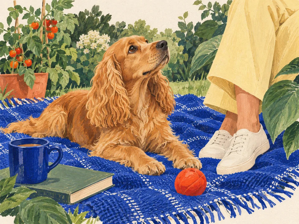 A painted illustration of a floppy-eared dog relaxing beside their person in a garden