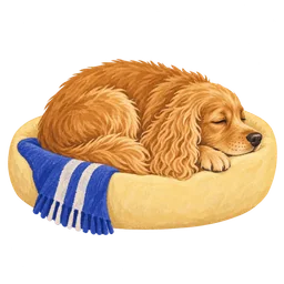 A spaniel curled up in a cosy bed.