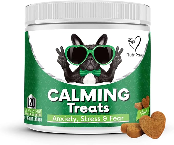 Calming treats: green and white 120-chew, 300g pork-flavour tub